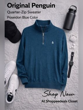 Original Penguin Poseidon Blue Quarter Zip Sweater Men’s Pullover Preppy